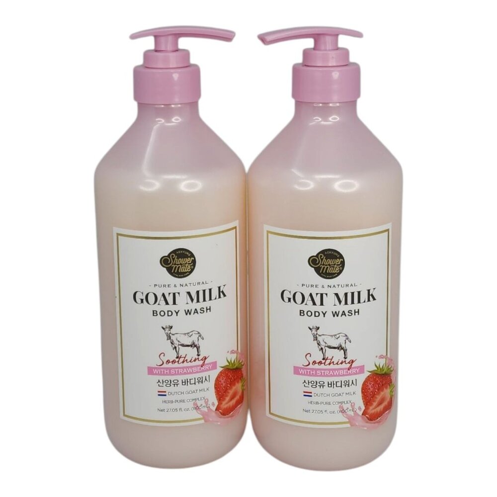Aekyung Shower Mate 2 Pack Goat Milk Body Wash Strawberry Scent 27 oz each
